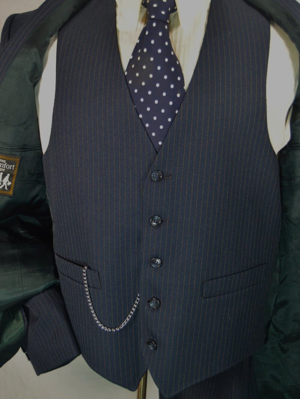Vtg 70's 80's Sears Comfort Suit 3 piece Blue Gold Pinstripe 42 R 33 x 30 Slim - Picture 5 of 7